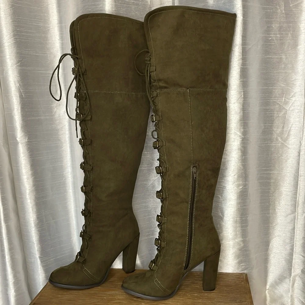 Shoedazzle Josie 8.5 Faux Micro Suede 4” Heel Over the Knee Lace Up Boots